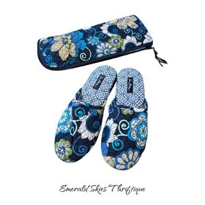 Women's Vera Bradley Blue Mod Floral Vacation Slippers & Zip Pouch 7-8 free ship